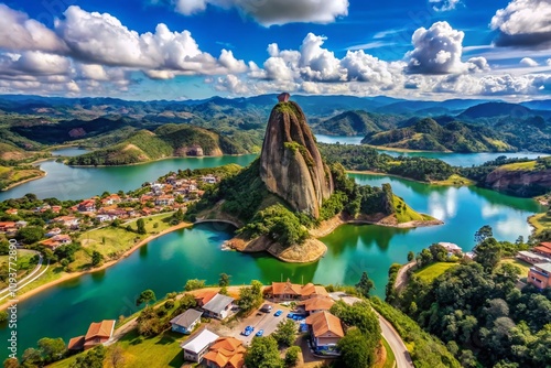 Aerial View of La Piedra, The Rock of Guatape in Colombia Surrounded by Lush Greenery and Vibrant Lake Waters Captured from Above in Stunning Urban Exploration Photography