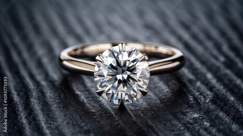 A diamond ring with a gold band sits on a dark surface. The ring is large and has a clear, sparkling appearance A diamond ring with a gold band sits on a dark surface. The ring is large and has a clear, sparkling appearance