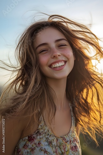 A cheerful young woman beams confidently while playful