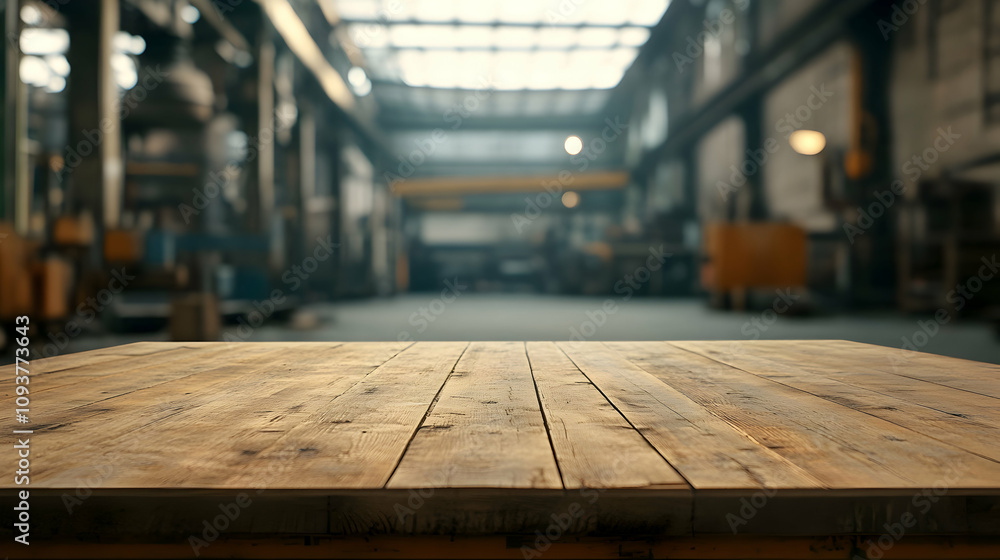 An empty wooden table with a blurred warehouse or factory backdrop provides ample copy space for displaying products against an industrial setting.high quality image An empty wooden table with a blurred warehouse or factory backdrop provides ample copy space for displaying products against an industrial setting.high quality image