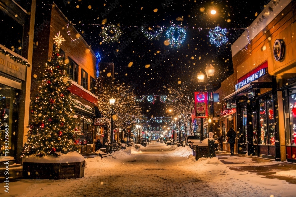 Festive snowy street at night with christmas decorations and illuminated shops Festive snowy street at night with christmas decorations and illuminated shops