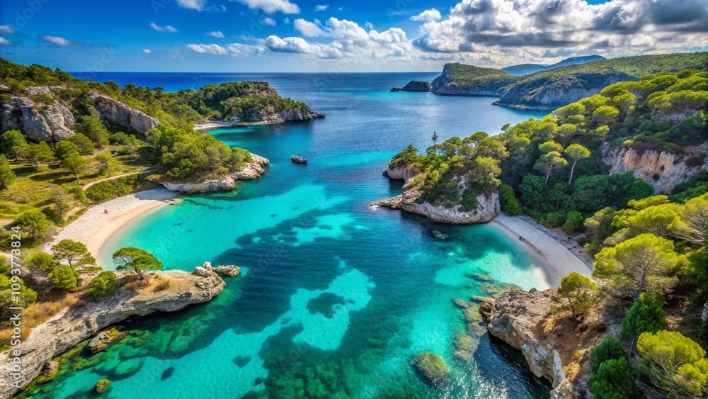 Aerial View of Mallorca's Stunning Dream Beaches with Crystal Clear Waters and Serene Bays, Showcasing the Island's Natural Beauty and Coastal Charm Aerial View of Mallorca's Stunning Dream Beaches with Crystal Clear Waters and Serene Bays, Showcasing the Island's Natural Beauty and Coastal Charm