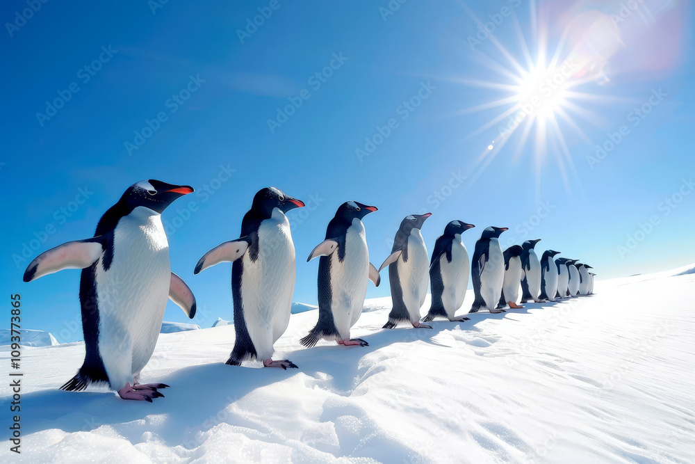 Obraz premium A line of cheerful penguins moves gracefully across the pristine snow, enjoying the vibrant sunlight in the Antarctic landscape. The tranquil setting highlights their playful nature