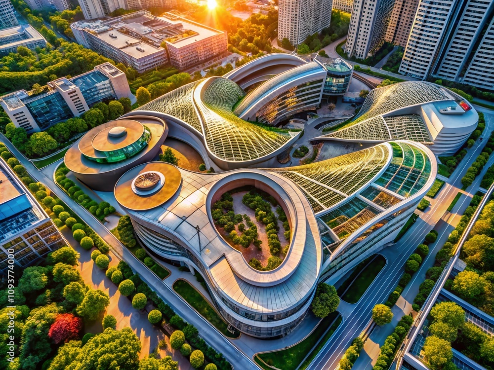 Aerial View of Modern Architecture Featuring Curved Walls and Skylight Design, Showcasing Innovative Building Styles and Urban Landscapes in a Vibrant City Environment Aerial View of Modern Architecture Featuring Curved Walls and Skylight Design, Showcasing Innovative Building Styles and Urban Landscapes in a Vibrant City Environment