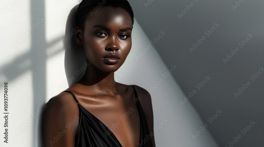 Black model, minimalist white backdrop, stylish black dress, confident pose, Black model, minimalist white backdrop, stylish black dress, confident pose,