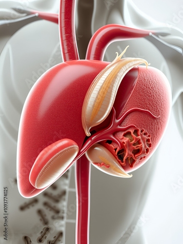 Detailed of a Human Liver Infected with Liver Flukes Depicting Symptoms and Damage   A digital rendering showcasing the internal anatomy of a liver affected by a parasitic infection photo