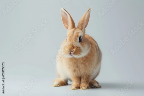 Adorable brown bunny standing on two legs white background Cute fluffy mammal with bright eyes in nature