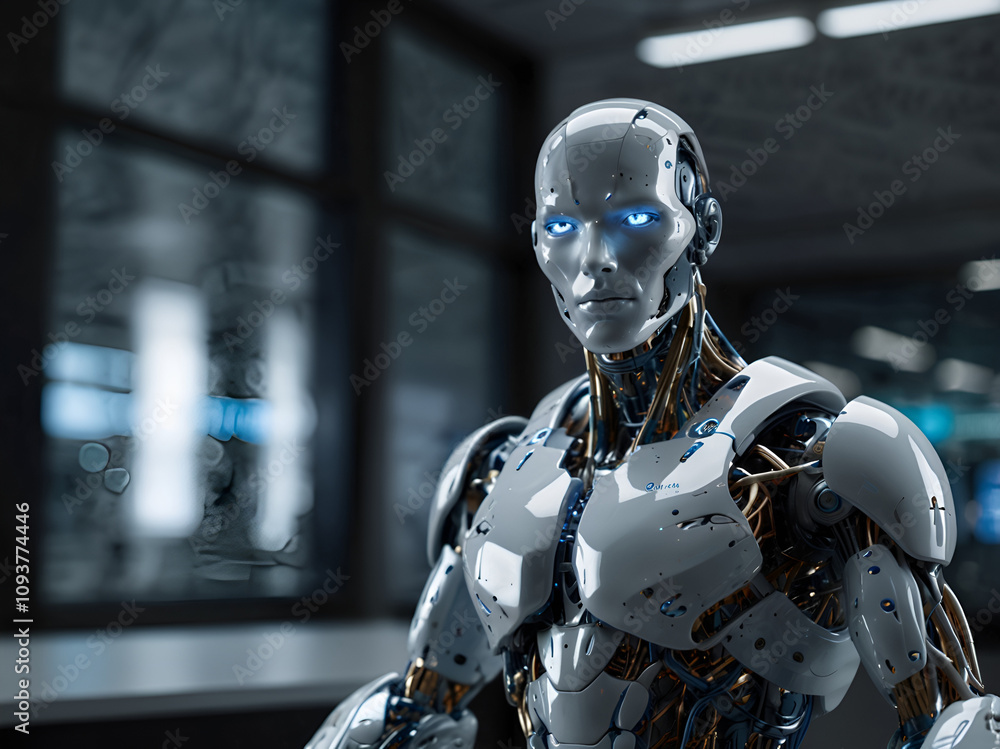 Friendly robot in the office symbolizing AI technology. Friendly robot in the office symbolizing AI technology.