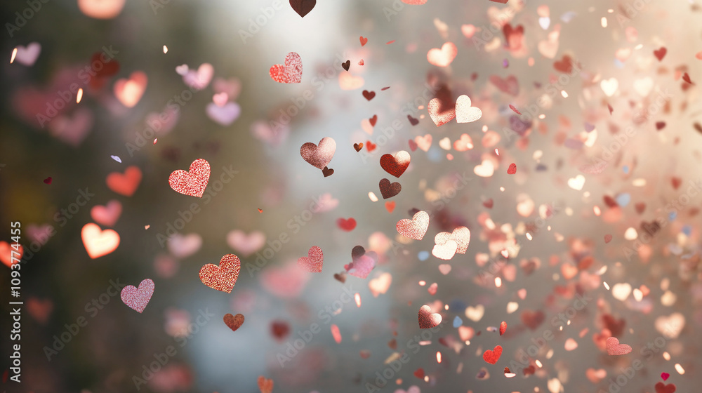 Little pink heart confetti flying in the air - Valentine's day concept Little pink heart confetti flying in the air - Valentine's day concept