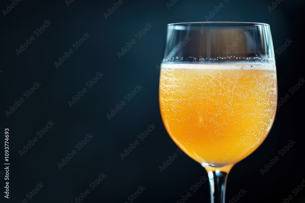 Close up of Bellini cocktail with peach puree in a glass captured in macro photography on a black background Close up of Bellini cocktail with peach puree in a glass captured in macro photography on a black background