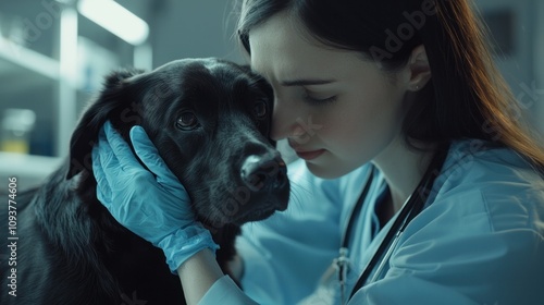 A veterinarian holding a black lab dog in a loving embrace.  Shows empathy, compassion, and connection between humans and animals.