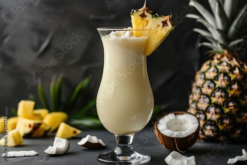 Close up of Pina Colada cocktail with fruit on black background