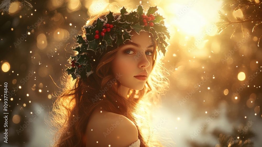 Woman with holly crown in sunlight Woman with holly crown in sunlight