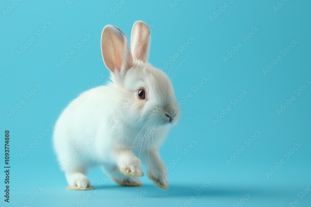 Cute Easter bunny hops and sniffs on blue screen Cute Easter bunny hops and sniffs on blue screen