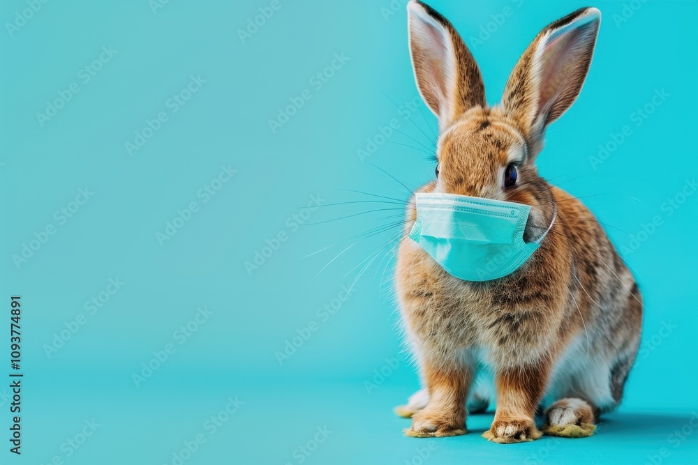 Fototapeta premium Easter bunny wearing Covid face mask Holiday theme