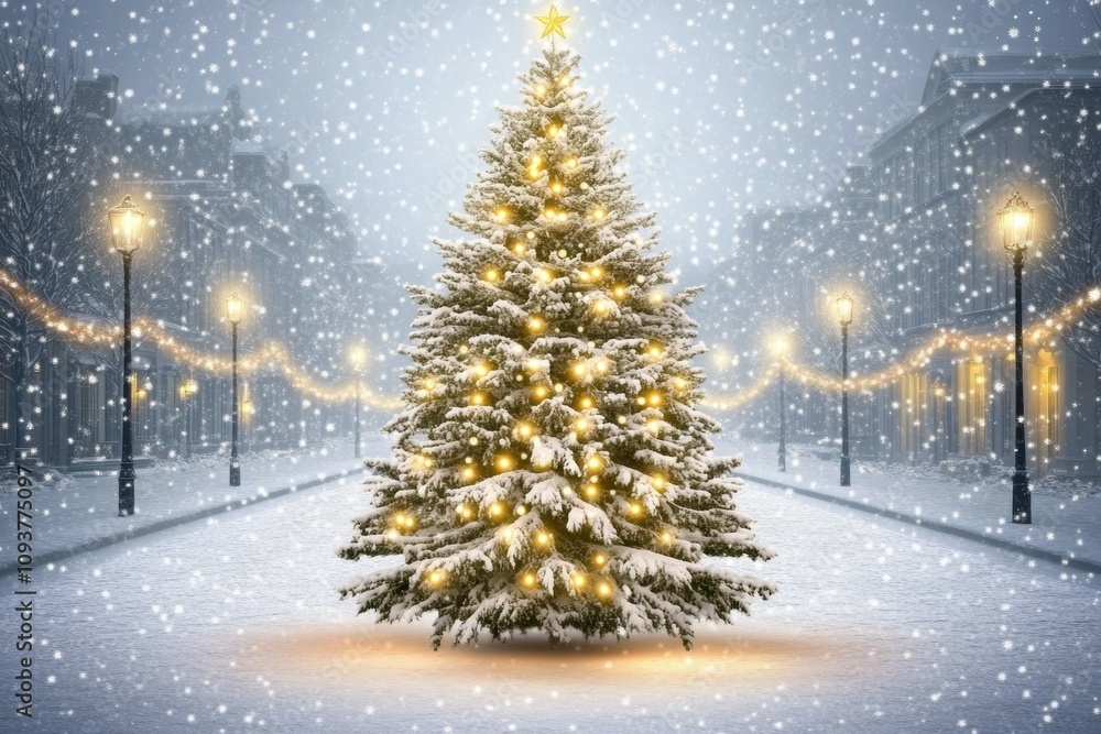 Festive snow-covered christmas tree illuminated by lights on a winter street Festive snow-covered christmas tree illuminated by lights on a winter street