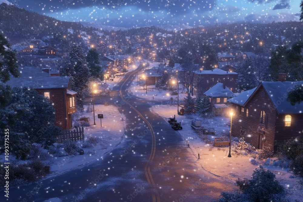 Cozy snowy winter evening in a quaint small town village Cozy snowy winter evening in a quaint small town village