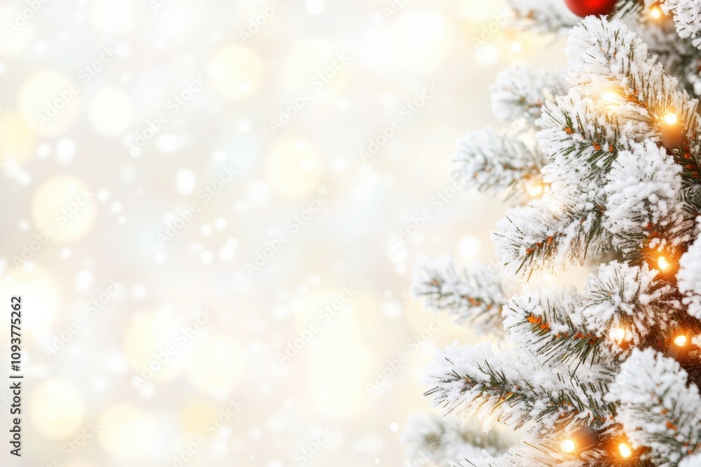 Snow-covered christmas tree branches with warm lights and festive decor Snow-covered christmas tree branches with warm lights and festive decor