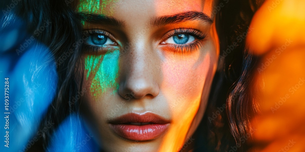 Stunning close-up of a model showcasing vibrant colors on her face. The soft light highlights her striking features. Perfect for beauty and fashion themes. AI Stunning close-up of a model showcasing vibrant colors on her face. The soft light highlights her striking features. Perfect for beauty and fashion themes. AI