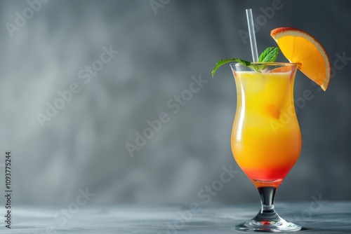 Hurricane cocktail with straw in glass on grey background side view of refreshing Arabic drink photo