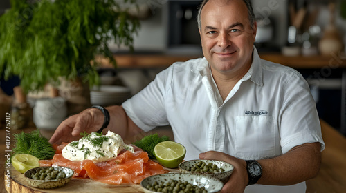 Cream cheese bagel with smoked salmon, capers, fresh dill, and lime on a wooden board.high quality image