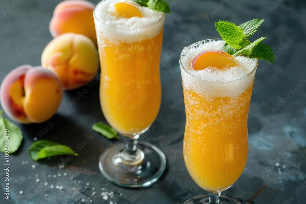 Modern Bellini cocktail with Prosecco white peaches and sugar syrup Modern Bellini cocktail with Prosecco white peaches and sugar syrup