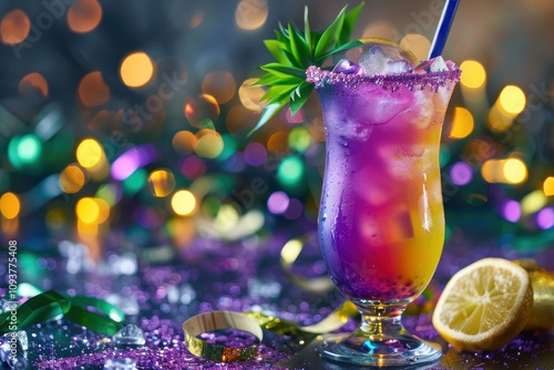 Mardi Gras themed colorful hurricane cocktail at party