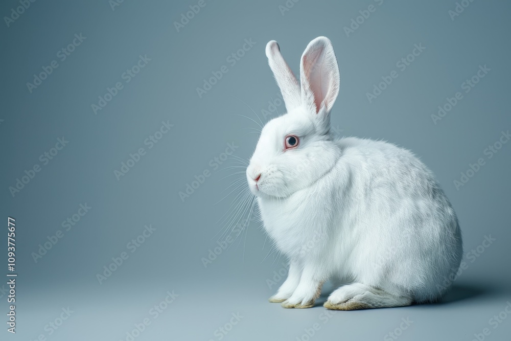 Photograph of white American mixed rabbit in studio Photograph of white American mixed rabbit in studio
