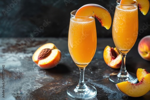 Peach Bellinis with peach slices on dark backdrop photo