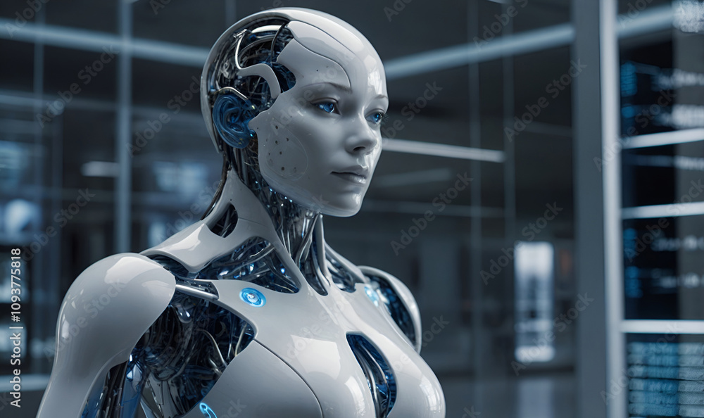 Robot with sleek metal body in a high-tech office environment. Robot with sleek metal body in a high-tech office environment.
