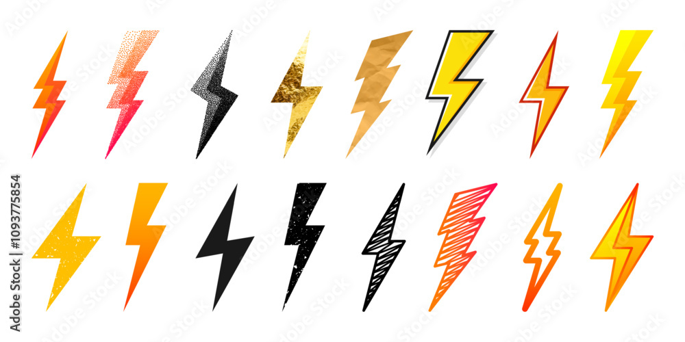 Lightning bolt icons collection. Golden, grunge, stippled, hand drawn flash symbol, thunderbolt. Dot drawing. Simple lightning strike sign. Vector illustration Lightning bolt icons collection. Golden, grunge, stippled, hand drawn flash symbol, thunderbolt. Dot drawing. Simple lightning strike sign. Vector illustration