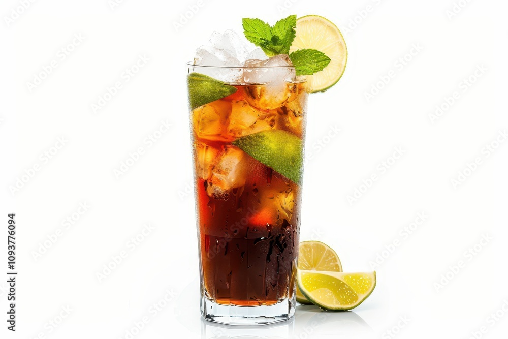 Tall Cuba Libre drink on white background Tall Cuba Libre drink on white background