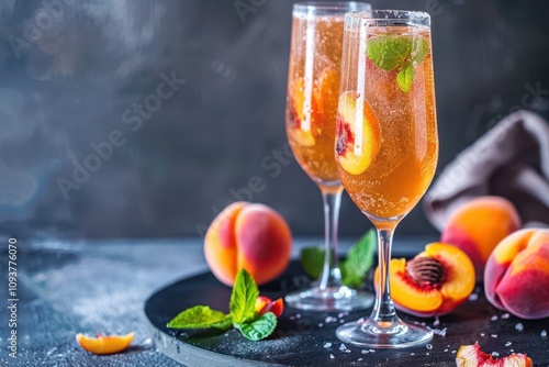 Summer peach bellini cocktail with champagne in glasses on modern podium