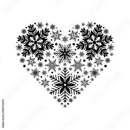 Snowflakes heart ornament, detailed hand drawn vector line illustration. Graphic outline drawing. Snowflakes heart silhouette for Christmas, New Year or Valentines’ day cards, frosty winter designs.