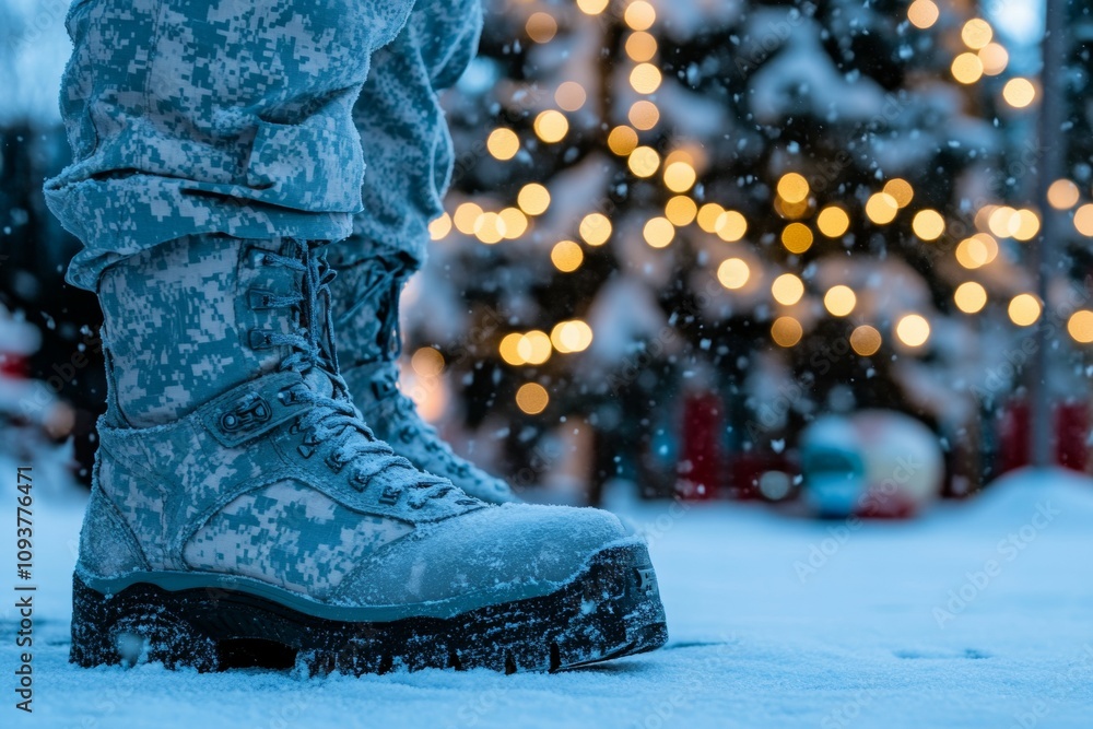 Military boots in snow with holiday lights in background Military boots in snow with holiday lights in background
