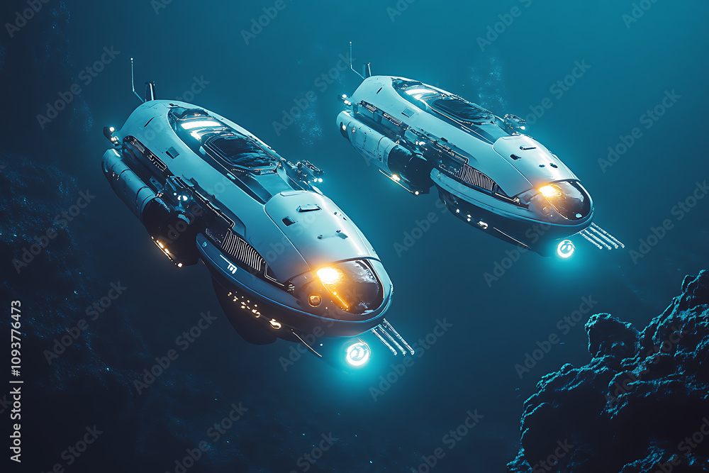 Small AI-powered submarines equipped with sensors, cameras, and robotic arms, exploring the deep ocean in glowing blue waters, symbolizing futuristic ocean research technology.
Small AI-powered submarines equipped with sensors, cameras, and robotic arms, exploring the deep ocean in glowing blue waters, symbolizing futuristic ocean research technology.