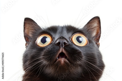 A close-up of a black house cat with wide green eyes and long whiskers against a solid background. photo