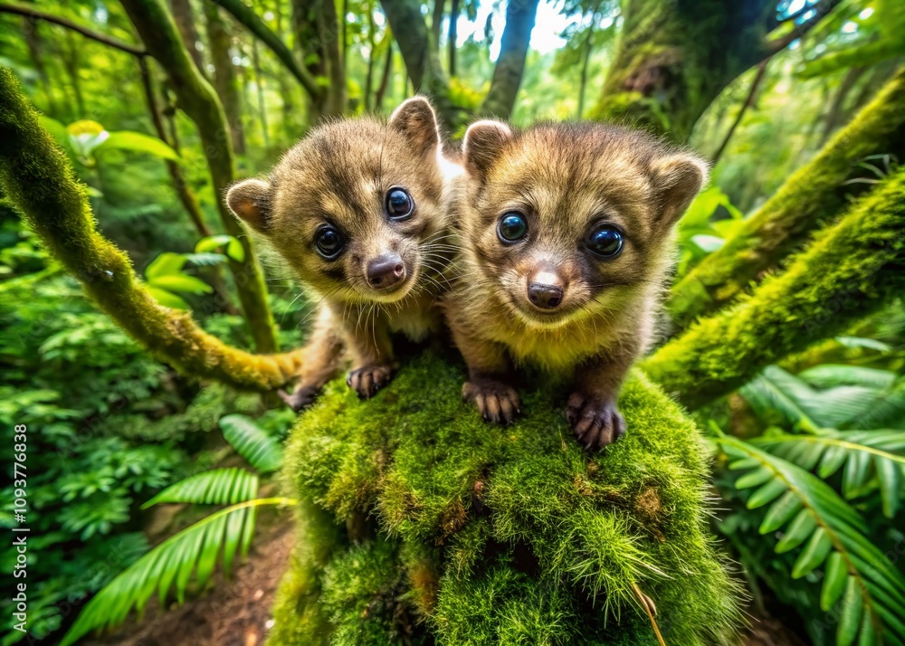 Aerial View of Two Adorable Olinguito Kittens Playing in Lush Green Forest - Captivating Wildlife in Their Natural Habitat with Vibrant Colors and Charming Expressions Aerial View of Two Adorable Olinguito Kittens Playing in Lush Green Forest - Captivating Wildlife in Their Natural Habitat with Vibrant Colors and Charming Expressions