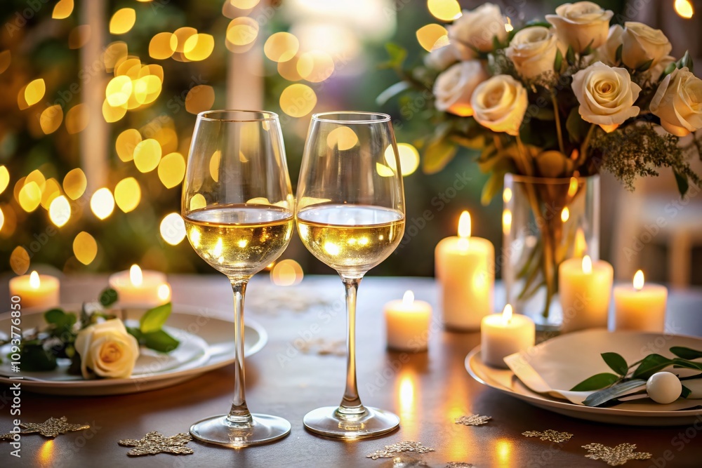 Aerial View of Two Elegant Glasses of White Wine on a Stylish Table with a Softly Blurred Background for a Sophisticated Dining Experience Aerial View of Two Elegant Glasses of White Wine on a Stylish Table with a Softly Blurred Background for a Sophisticated Dining Experience