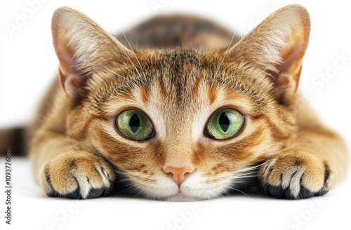 A ginger cat reclines and gazes at the camera, set against a white background. photo