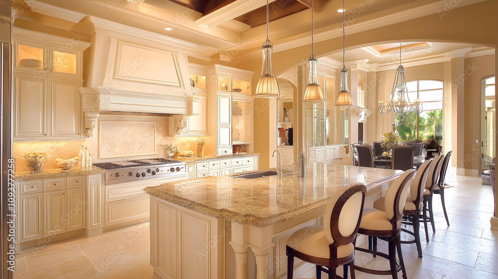 Luxurious Kitchen with Marble Countertops and Pendant Lighting.high quality image Luxurious Kitchen with Marble Countertops and Pendant Lighting.high quality image