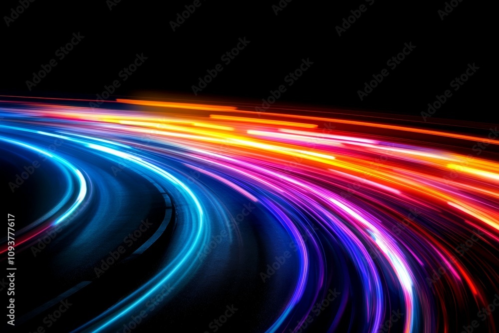 Vibrant neon light trails curving through darkness Vibrant neon light trails curving through darkness