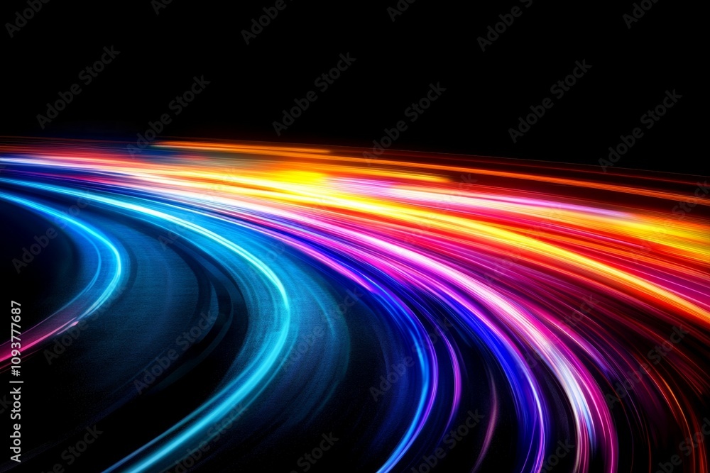 Vibrant multicolored light trails on black background in dynamic curve Vibrant multicolored light trails on black background in dynamic curve