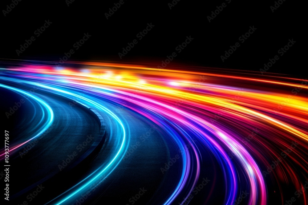 Colorful neon light trails on a curved path at night Colorful neon light trails on a curved path at night