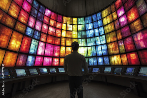 A male IT Professional with their back to the viewer observing the large amount of computer monitors.