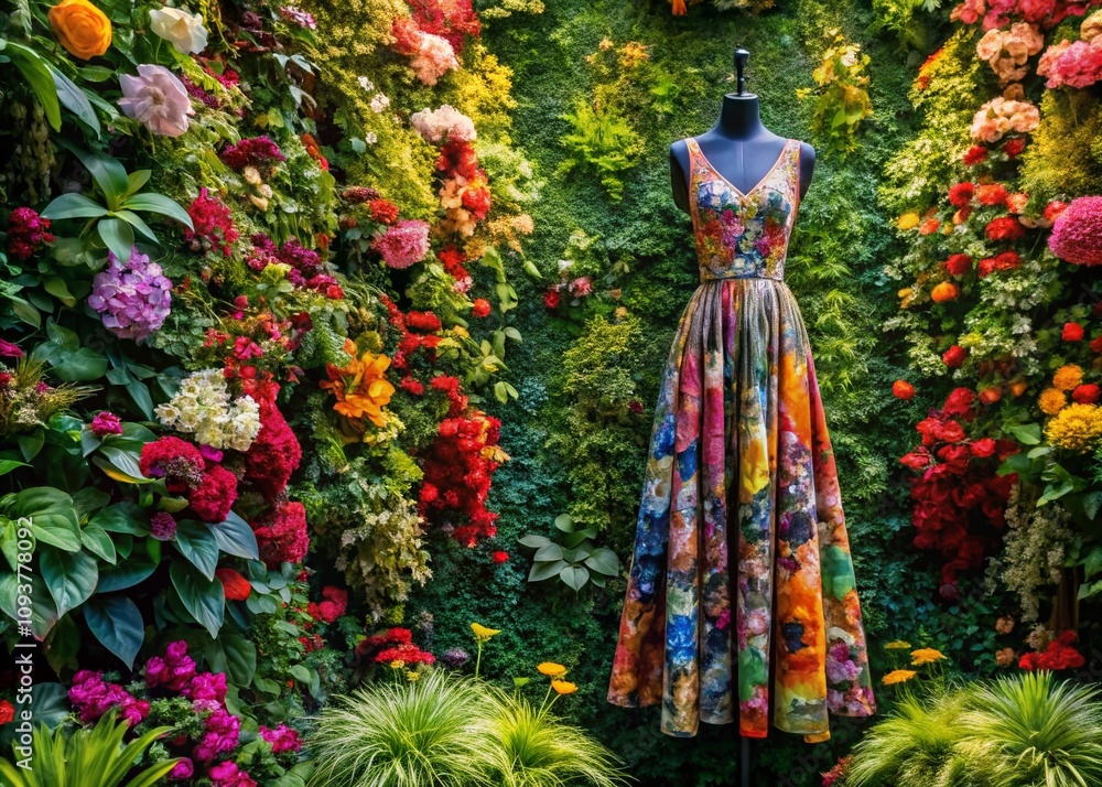 A Floral-Patterned Dress Hanging Elegantly Against a Lush, Colorful Botanical Wall in a Panoramic View, Showcasing Nature’s Beauty and Fashion Harmony A Floral-Patterned Dress Hanging Elegantly Against a Lush, Colorful Botanical Wall in a Panoramic View, Showcasing Nature’s Beauty and Fashion Harmony