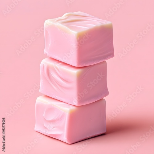 Three pink white chocolate fudge cubes stacked dessert cream creme. 