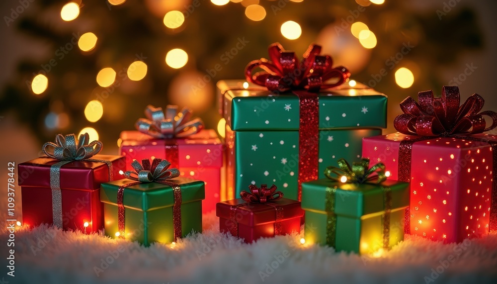 Vibrant holiday presents glow under fairy lights, creating a festive tableau. Vibrant holiday presents glow under fairy lights, creating a festive tableau.