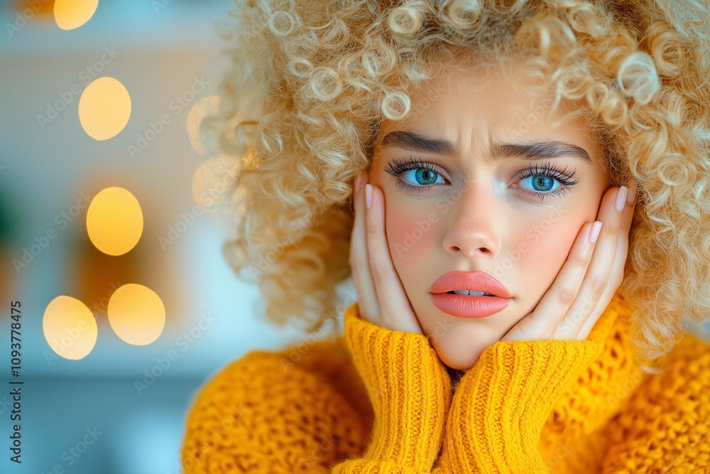 Pensive woman with curly blonde hair expressing concern in a cozy sweater, capturing emotion and mood for editorial or lifestyle use Pensive woman with curly blonde hair expressing concern in a cozy sweater, capturing emotion and mood for editorial or lifestyle use