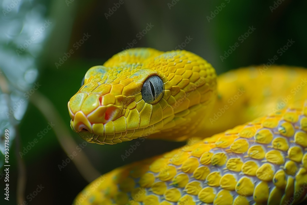 Fototapeta premium Yellow eyelash viper is emerging from a green bush
